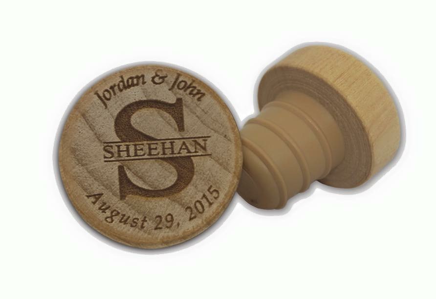 Personalized wood-topped wine bottle stopper. 